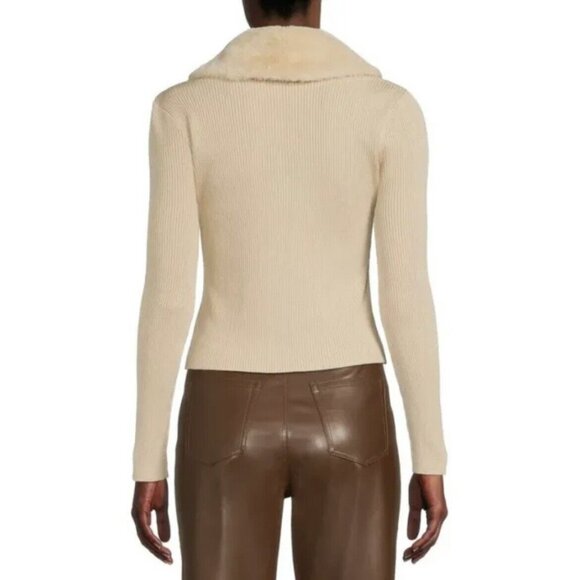 Faux Fur Collar Cardigan Sweater Women Medium 7-9 Beige Removable Collar - Picture 4 of 7